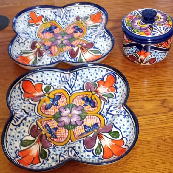 Serving Set~Chips & Dip/Appetizers/Toppings~Floral~Made In Mexico~Lead Free - Picture 4 of 14